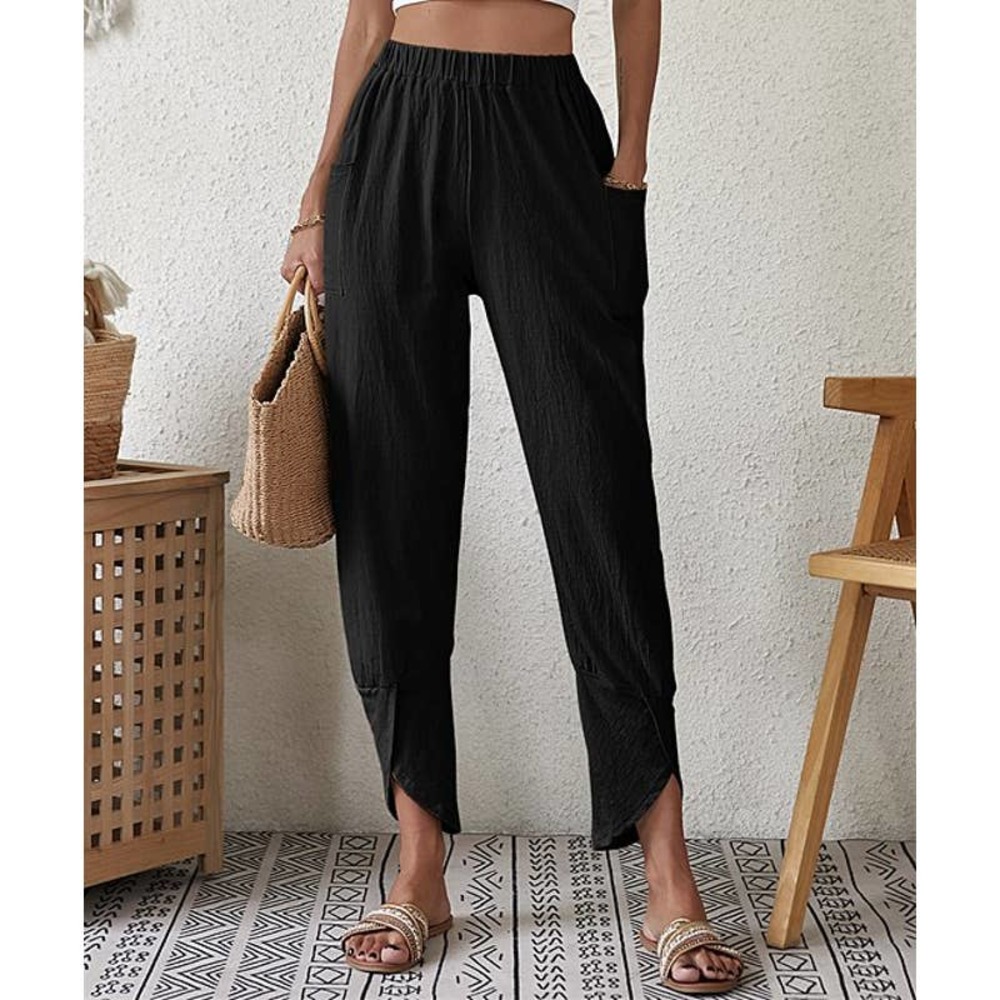 Sz XL La Mode Black Tulip-Hem High-Waist Pants Women